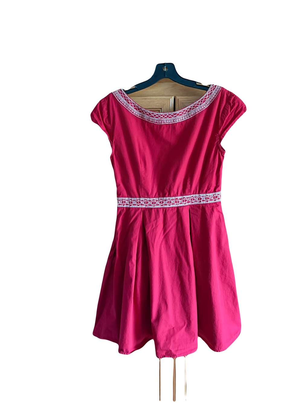 eShakti CUSTOM Red Embroidered Waist Fit-and-Flare Dress - Picture 2 of 11